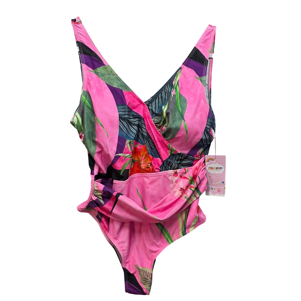 New IDOPIP One Piece Swimsuit Women L Tropical Floral Pink Ruched Vneck Modest